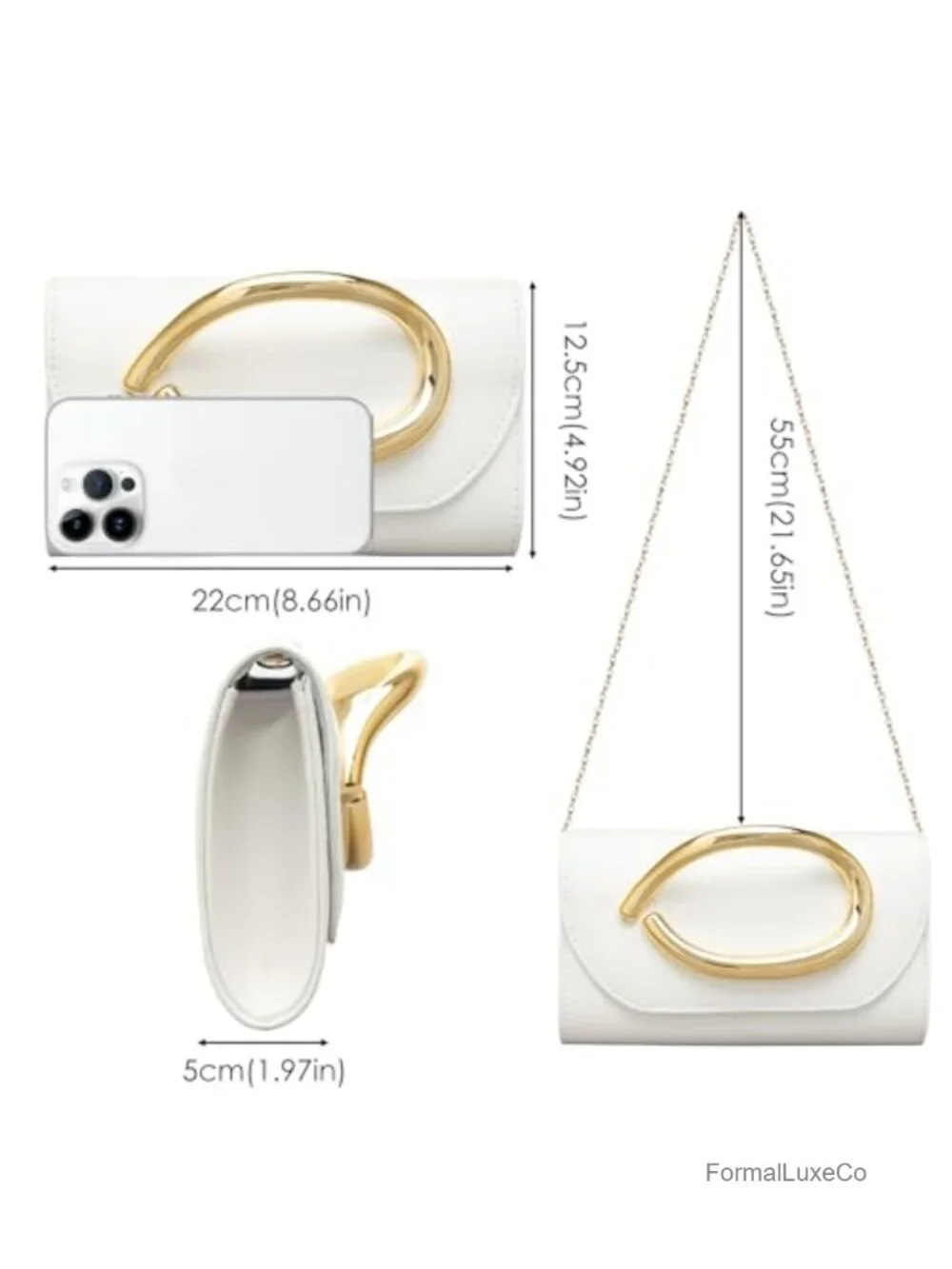 Vegan Leather Clutch Purse with 3D Gold Acrylic Handle & Chain, Formal Evening